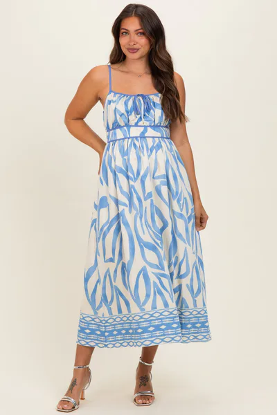 PinkBlush Blue Printed Front Tie Maternity Midi Dress