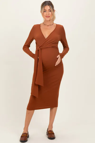 PinkBlush Mocha Ribbed Long Sleeve Maternity Wrap Dress