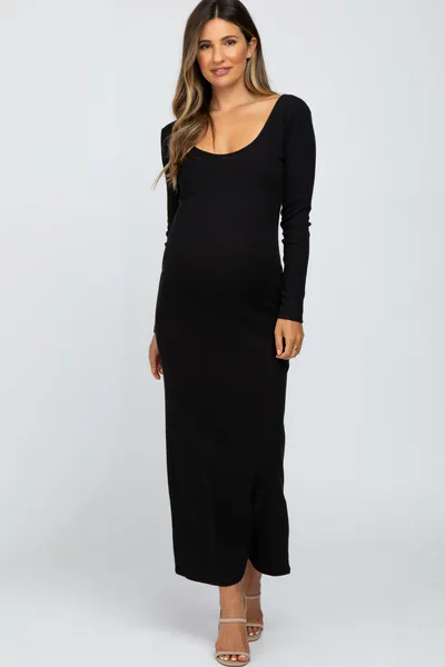 PinkBlush Black Ribbed Long Sleeve Maxi Dress
