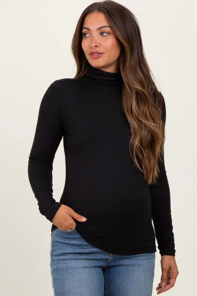 PinkBlush Black Brushed Knit Basic Turtleneck Maternity Top
