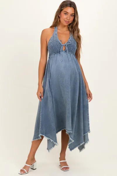 PinkBlush Light Denim Smocked Halter Handkerchief Maternity Dress