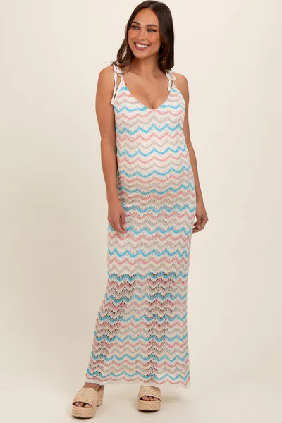 PinkBlush Cream Chevron Crochet Shoulder Tie Maternity Midi Dress