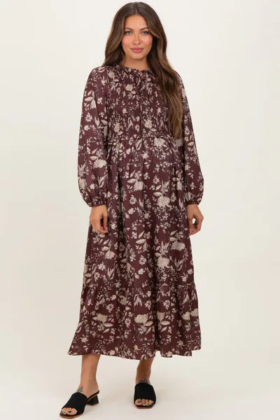 PinkBlush Brown Floral Smocked Long Sleeve Maternity Midi Dress