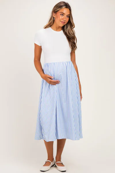 PinkBlush Ivory Blue Colorblock Striped Skirt Maternity Dress