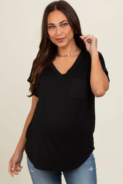 PinkBlush Black V-Neck Pocket Short Sleeve Maternity Shirt