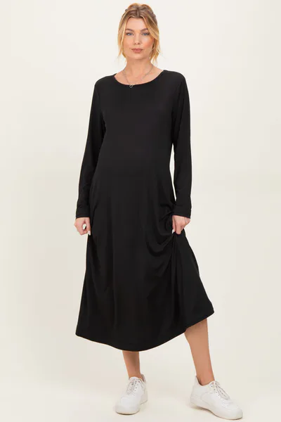 PinkBlush Black Relaxed Fit Long Sleeve Basic Maternity Dress