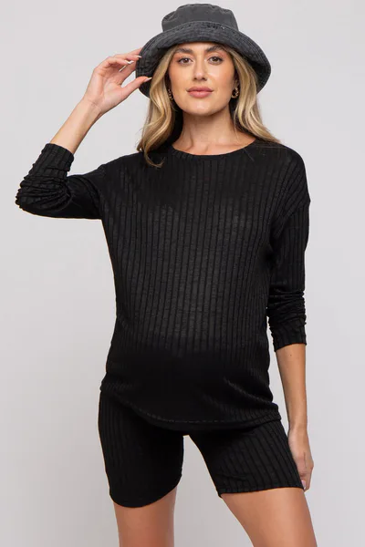 PinkBlush Black Ribbed Long Sleeve Maternity Shorts Set