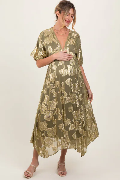 PinkBlush Olive Metallic Floral Jacquard Overlay Maternity Maxi Dress