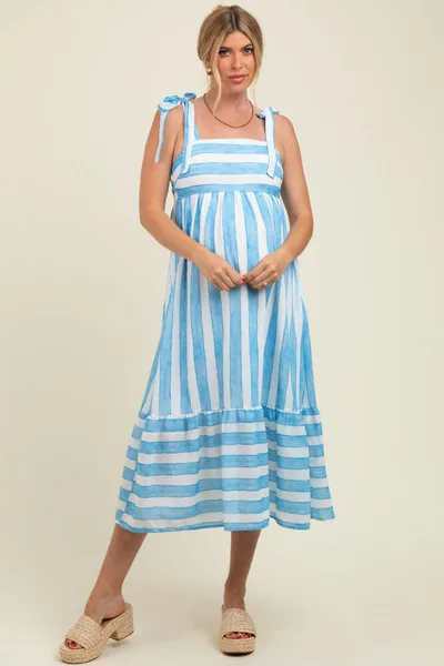 PinkBlush Light Blue Wide Stripe Shoulder Tie Maternity Midi Dress
