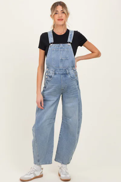 PinkBlush Light Blue Barrel Leg Maternity Denim Overalls