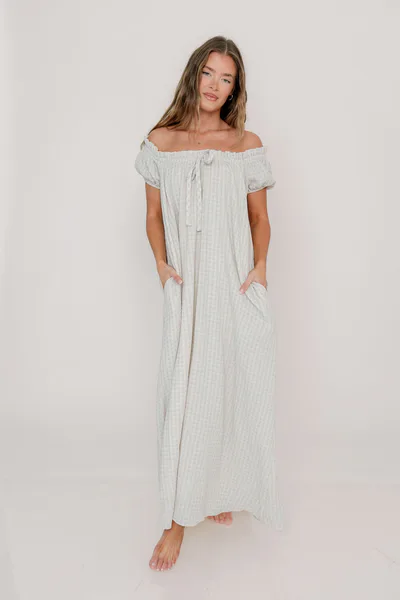 Worth Collective Ensley 100% Cotton Maxi Dress in Baby Blue Plaid - Bump Friendly