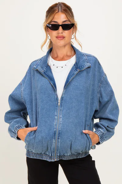 PinkBlush Dark Denim Zipper Front Oversized Maternity Jacket