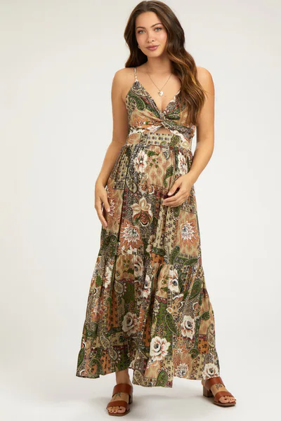 PinkBlush Olive Floral Paisley Front Twist Maternity Maxi Dress