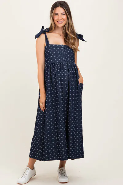 PinkBlush Navy Floral Button Down Shoulder Tie Maternity Midi Dress