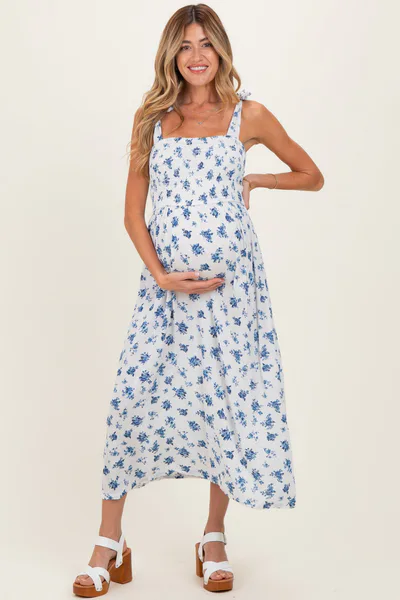 PinkBlush Ivory Smocked Bodice Tie Straps Floral Print Maternity Maxi Dress