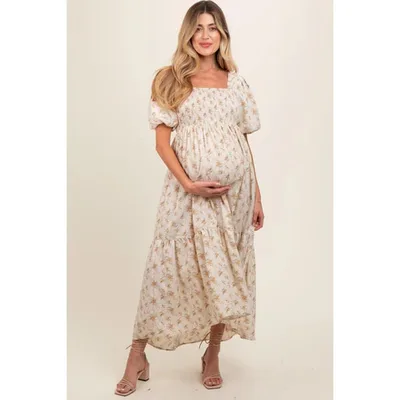Target Pinkblush Cream Floral Smocked Square Neck Short Puff Sleeve Maternity Midi Dress Small