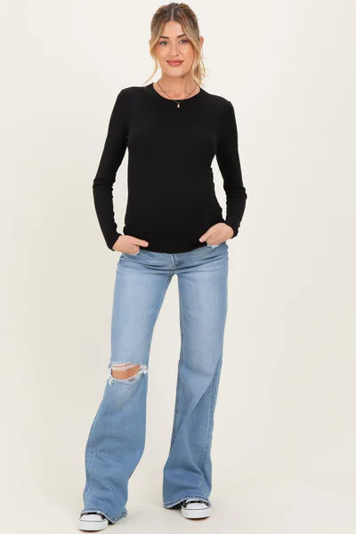 PinkBlush Blue Distressed Knee Wide Leg Maternity Jeans