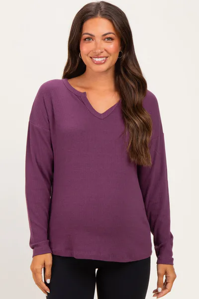 PinkBlush Plum Split Neck Oversized Brushed Knit Maternity Top