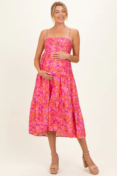 PinkBlush Fuchsia Floral Sleeveless Tiered Maternity Midi Dress