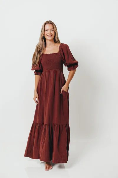 Worth Collective Livvy 100% Cotton Maxi Dress in Rust Brown - Bump Friendly