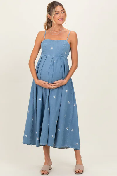 PinkBlush Denim Tied Back Embroidered Maternity Midi Dress
