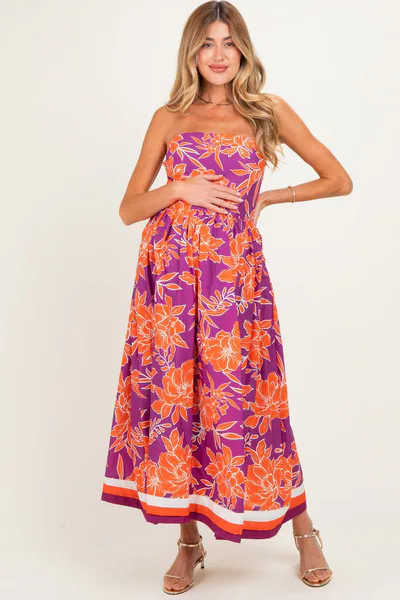 PinkBlush Plum Floral Strapless Maternity Midi Dress