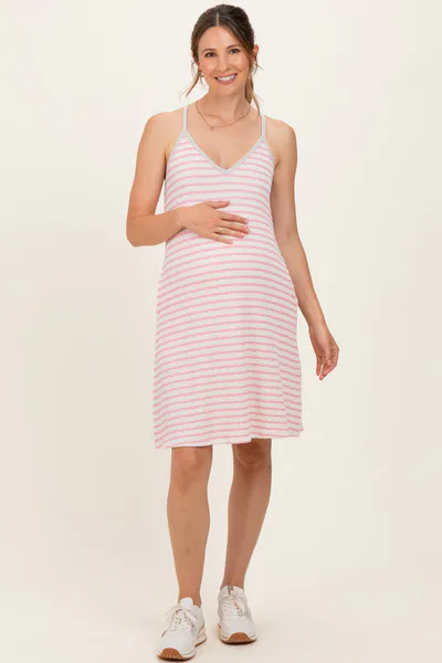 PinkBlush Cream/ Pink Striped Sleeveless Halter Maternity Mini Dress