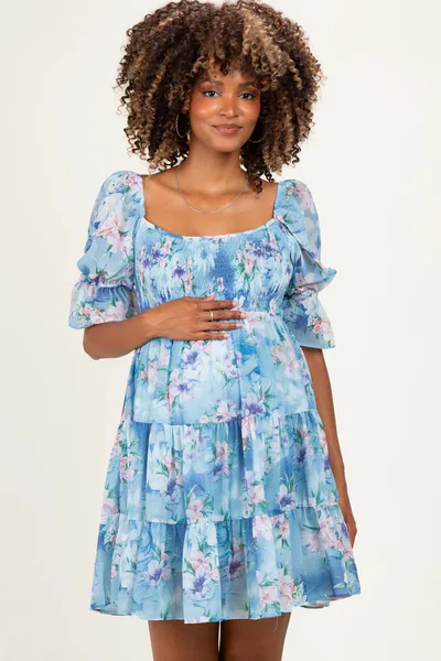 PinkBlush Light Blue Floral Smocked Tiered Maternity Mini Dress