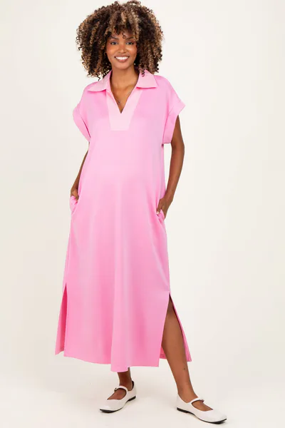 PinkBlush Pink Striped Collared Side Slit Maternity Midi Dress