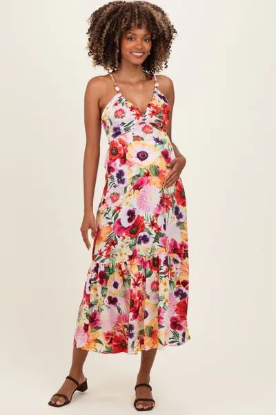 PinkBlush Off White Floral Crisscross Back Maternity Midi Dress