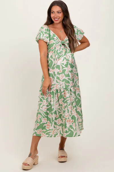 PinkBlush Green Floral Front Tie Maternity Midi Dress