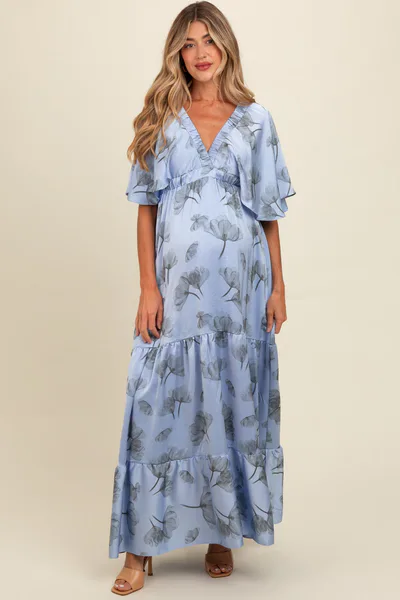 PinkBlush Light Blue Floral Deep V-Neck Maternity Maxi Dress