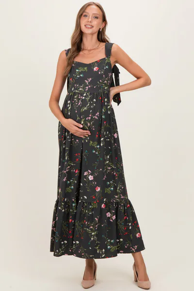 PinkBlush Forest Green Floral Bow Strap Maternity Maxi Dress