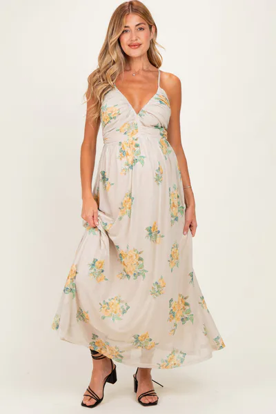 PinkBlush Cream Criss-Cross Back Mesh Maternity Dress
