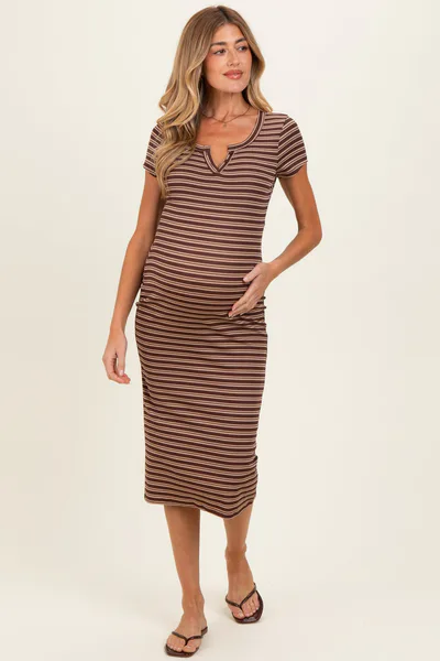 PinkBlush Dark Brown Striped Henley Maternity Midi Dress