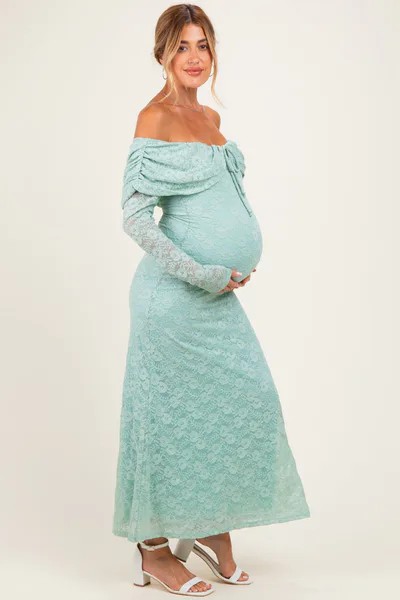 PinkBlush Seafoam Lace Off Shoulder Long Sleeve Maternity Maxi Dress