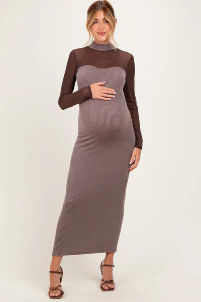 PinkBlush Brown Ribbed Knit Mock Neck Long Sleeve Maternity Maxi Dress