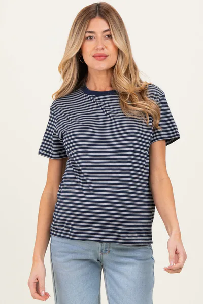 PinkBlush Navy/White Short Sleeve Round Neck Stripe Maternity Tee