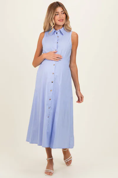 PinkBlush Chambray Button Up Sleeveless Maternity Midi Dress