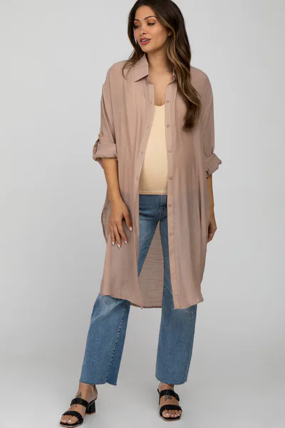 PinkBlush Taupe Button Front Side Slit Oversized Maternity Blouse