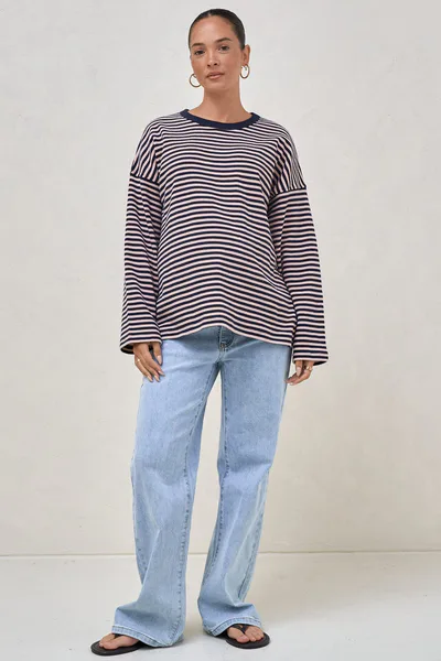 Bae the Label Outline Long Sleeve Top - Navy/Pink