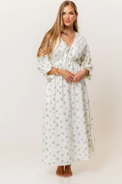 Worth Collective Hunter 100% Cotton Midi Dress with Eyelet Trimming in Blue Floral - Bump Friendly