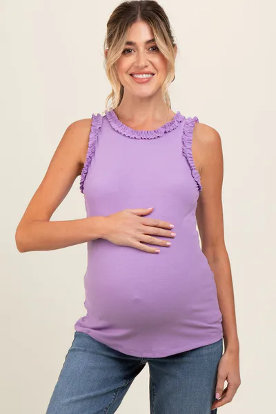 PinkBlush Lavender Rib Knit Ruffle Trim Sleeveless Maternity Top