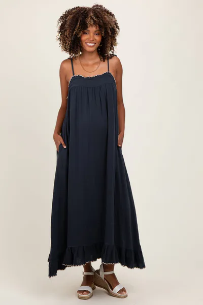 PinkBlush Navy Scallop Trim Shoulder Tie Maternity Maxi Dress