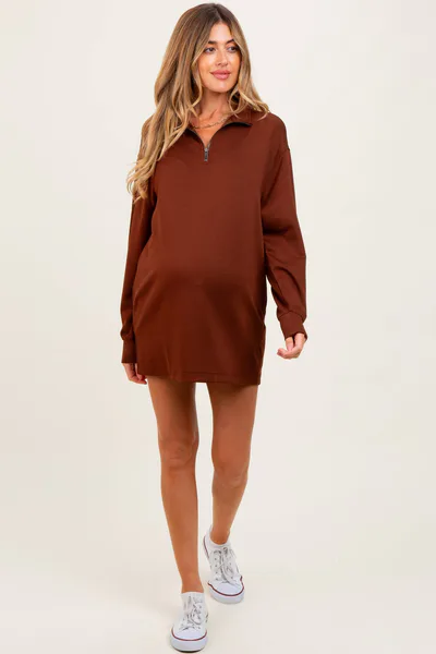 PinkBlush Brown Half Zip Long Sleeve Maternity Mini Dress