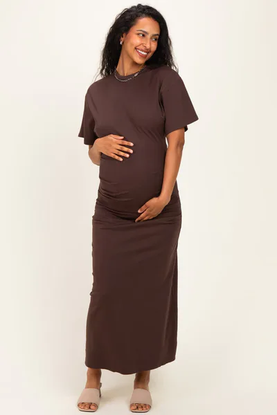 PinkBlush Brown Drop Shoulder Ruched Maternity Maxi Dress