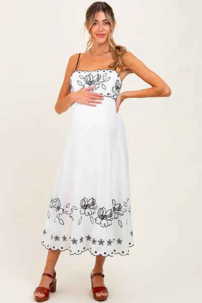 PinkBlush Ivory/Black Floral Embroidered Maternity Maxi Dress