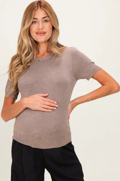 PinkBlush Heather Mocha Basic Short Sleeve Maternity Sweater Top