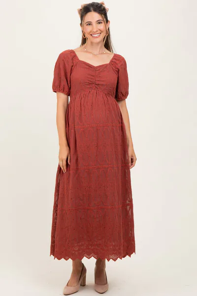PinkBlush Rust Floral Embroidered Chiffon Maternity Midi Dress