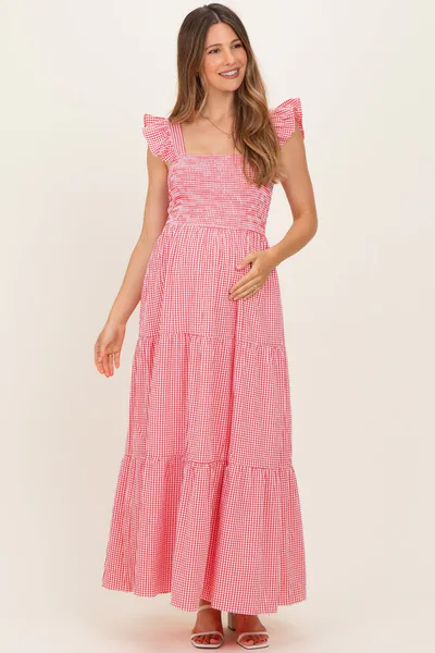 PinkBlush Red Gingham Ruffle Strap Smocked Maternity Maxi Dress